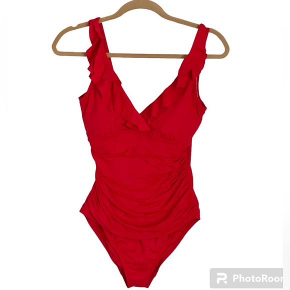 Lauren Ralph Lauren Ruffle One Piece Red Swimsuit Size 8 - Picture 3 of 6